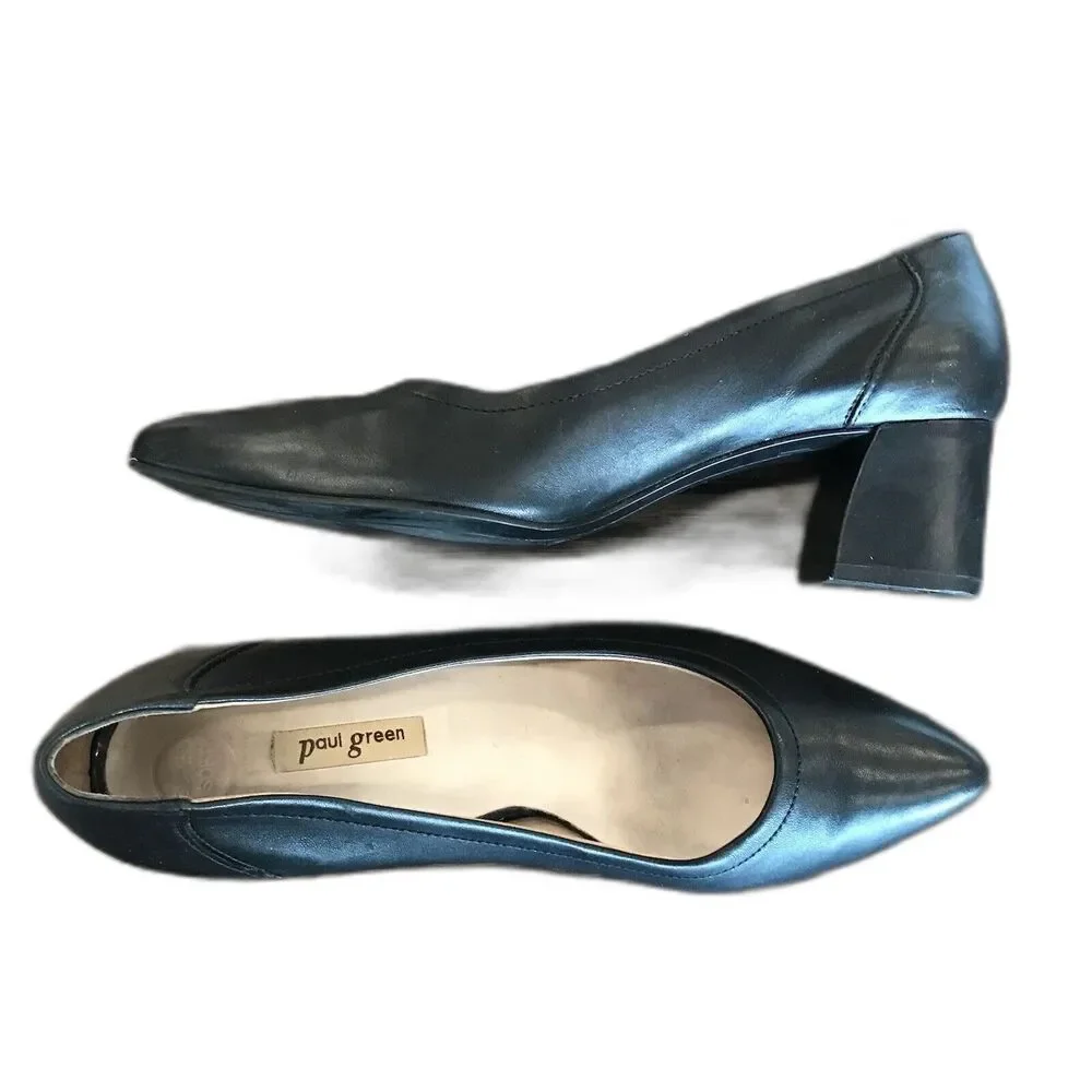 Paul Green Kami Black Soft Leather Block‎ Mid Heel Pointed Toe UK 5.5 US 8